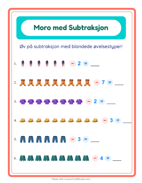 Forhåndsvisning av Subtraksjon-arbeidsark med Klær for Barnehage (5-7 år)