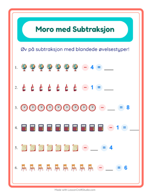Forhåndsvisning av Subtraksjon-arbeidsark med Klasserom for Barnehage (5-7 år)
