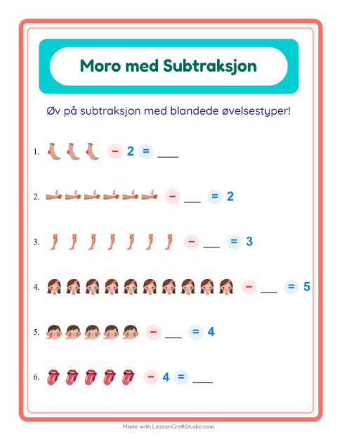 Forhåndsvisning av Subtraksjon-arbeidsark med Kroppsdeler for Barnehage (5-7 år)