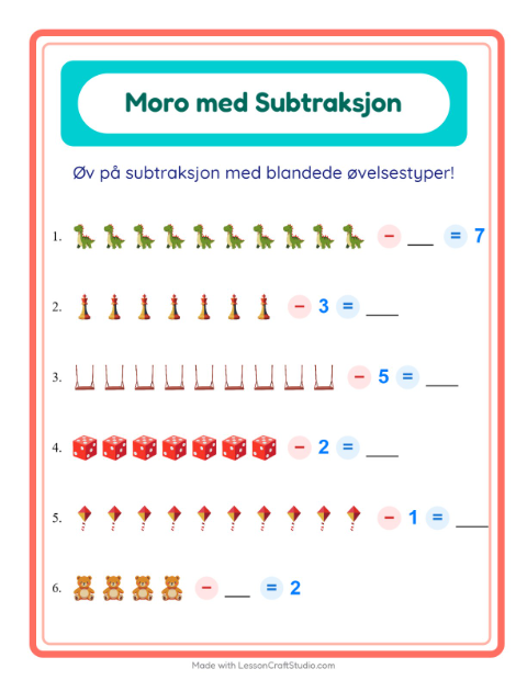 Forhåndsvisning av Subtraksjon-arbeidsark med Leker for Barnehage (5-7 år)