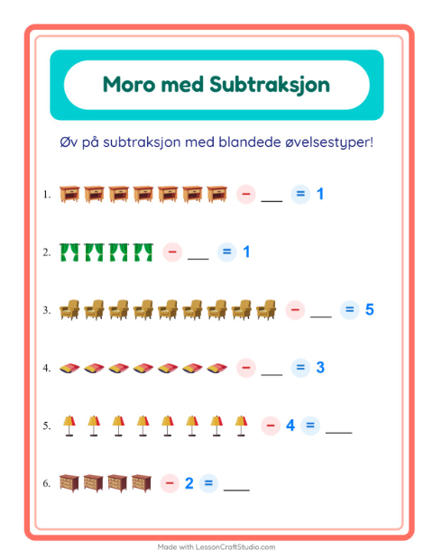 Forhåndsvisning av Subtraksjon-arbeidsark med Møbler for Barnehage (5-7 år)