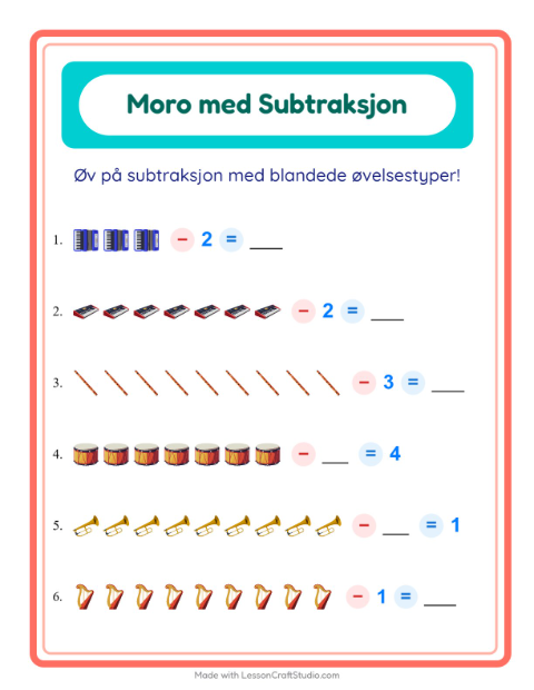 Forhåndsvisning av Subtraksjon-arbeidsark med Musikk for Barnehage (5-7 år)