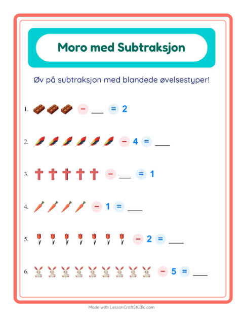 Forhåndsvisning av Subtraksjon-arbeidsark med Påske for Barnehage (5-7 år)