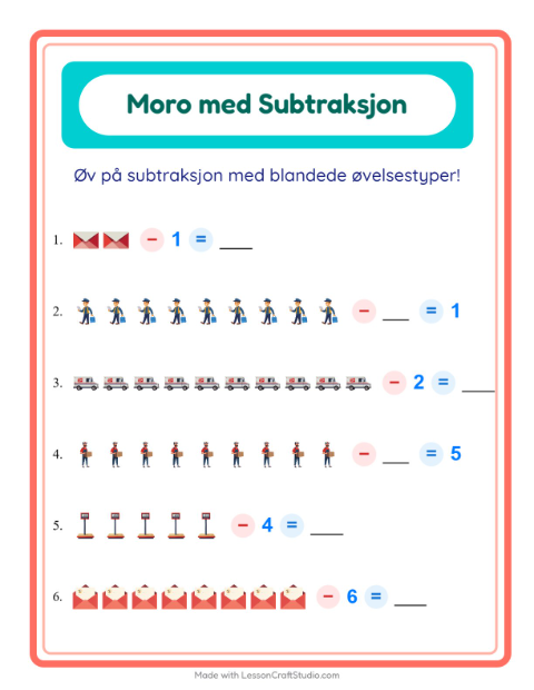 Forhåndsvisning av Subtraksjon-arbeidsark med Postkontor for Barnehage (5-7 år)