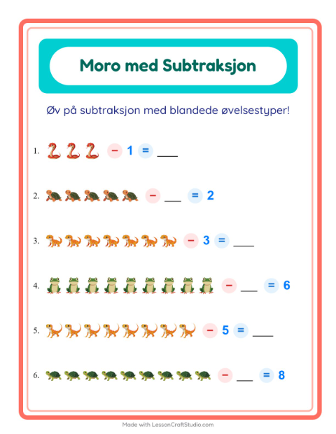 Forhåndsvisning av Subtraksjon-arbeidsark med Reptiler og amfibier for Barnehage (5-7 år)