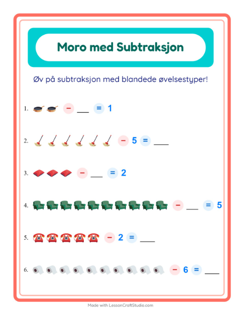 Forhåndsvisning av Subtraksjon-arbeidsark med Rundt i huset for Barnehage (5-7 år)
