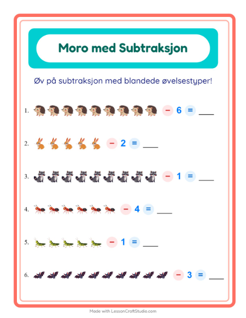 Forhåndsvisning av Subtraksjon-arbeidsark med Skogsdyr for Barnehage (5-7 år)