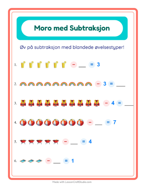 Forhåndsvisning av Subtraksjon-arbeidsark med Sommer for Barnehage (5-7 år)