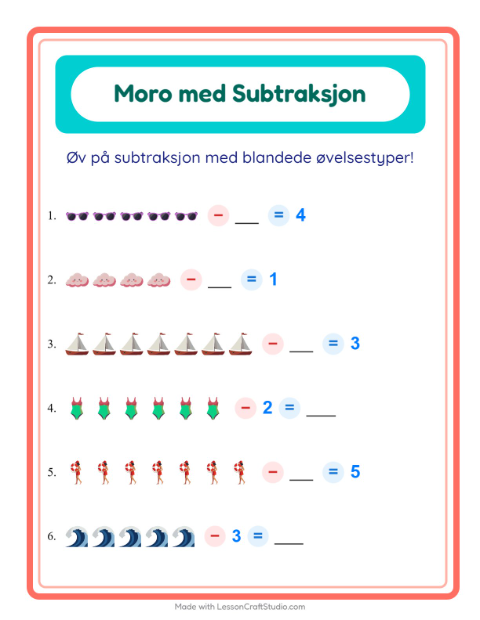 Forhåndsvisning av Subtraksjon-arbeidsark med Strand for Barnehage (5-7 år)