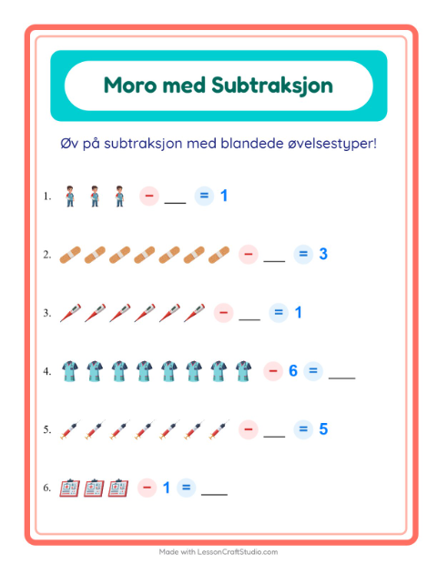 Forhåndsvisning av Subtraksjon-arbeidsark med Sykehus for Barnehage (5-7 år)