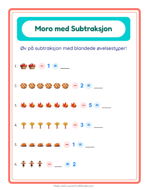 Forhåndsvisning av Subtraksjon-arbeidsark med Thanksgiving for Barnehage (5-7 år)