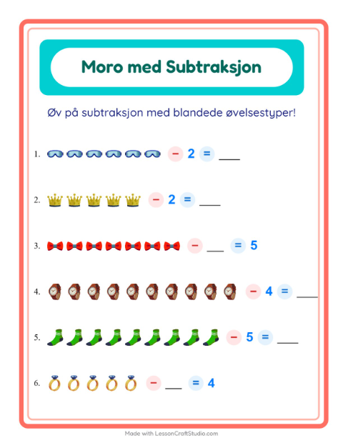 Forhåndsvisning av Subtraksjon-arbeidsark med Tilbehør for Barnehage (5-7 år)