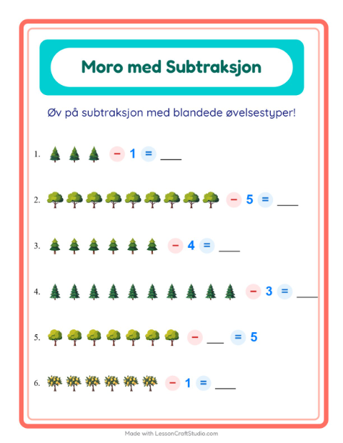Forhåndsvisning av Subtraksjon-arbeidsark med Trær for Barnehage (5-7 år)