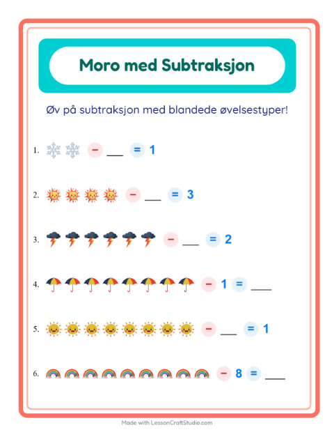 Forhåndsvisning av Subtraksjon-arbeidsark med Vær for Barnehage (5-7 år)
