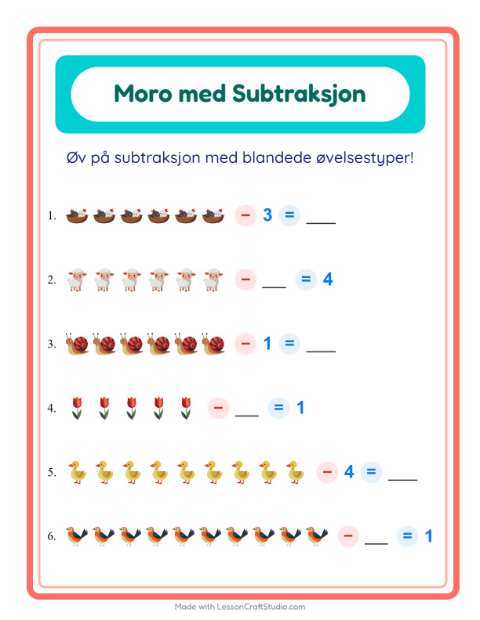 Forhåndsvisning av Subtraksjon-arbeidsark med Vår for Barnehage (5-7 år)