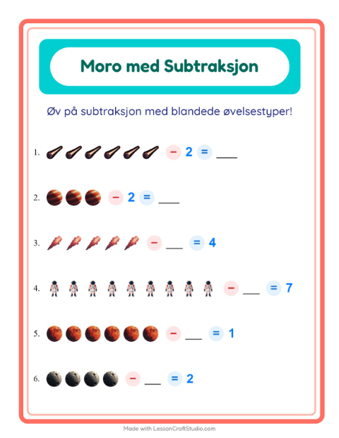 Forhåndsvisning av Subtraksjon-arbeidsark med Verdensrommet for Barnehage (5-7 år)