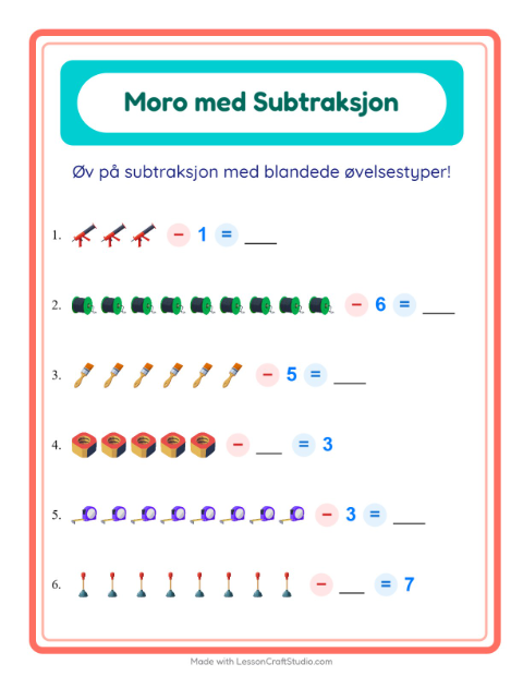 Forhåndsvisning av Subtraksjon-arbeidsark med Verktøy for Barnehage (5-7 år)