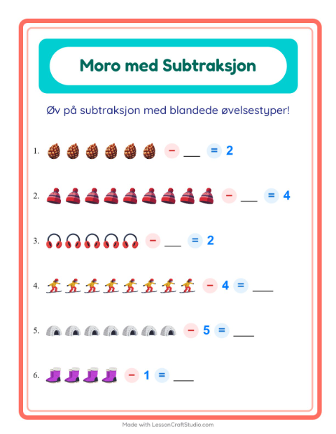 Forhåndsvisning av Subtraksjon-arbeidsark med Vinter for Barnehage (5-7 år)