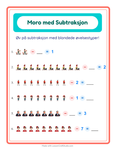 Forhåndsvisning av Subtraksjon-arbeidsark med Yrker for Barnehage (5-7 år)
