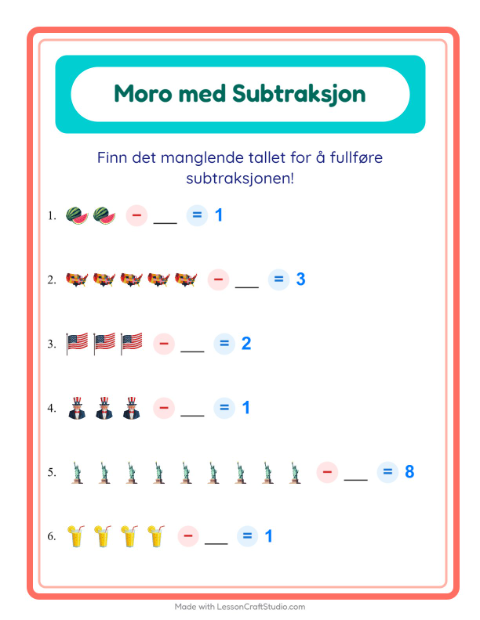 Forhåndsvisning av Subtraksjon-arbeidsark med 4. juli for Barnehage (5-7 år)