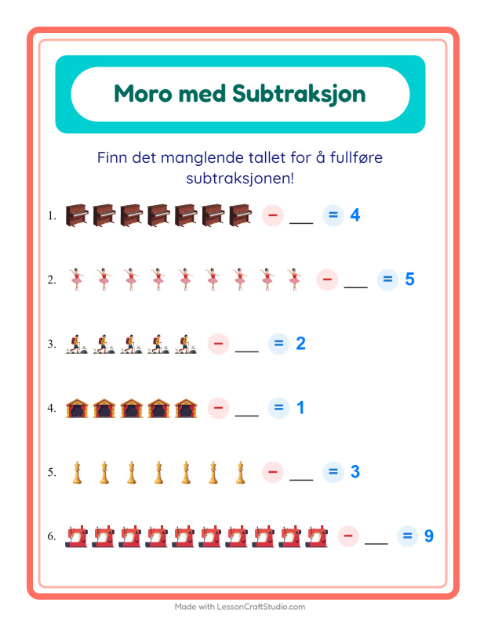 Forhåndsvisning av Subtraksjon-arbeidsark med Aktiviteter for Barnehage (5-7 år)