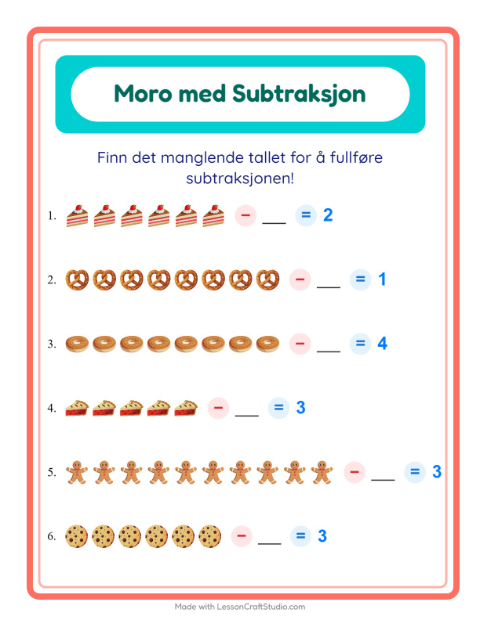 Forhåndsvisning av Subtraksjon-arbeidsark med Bakeri for Barnehage (5-7 år)