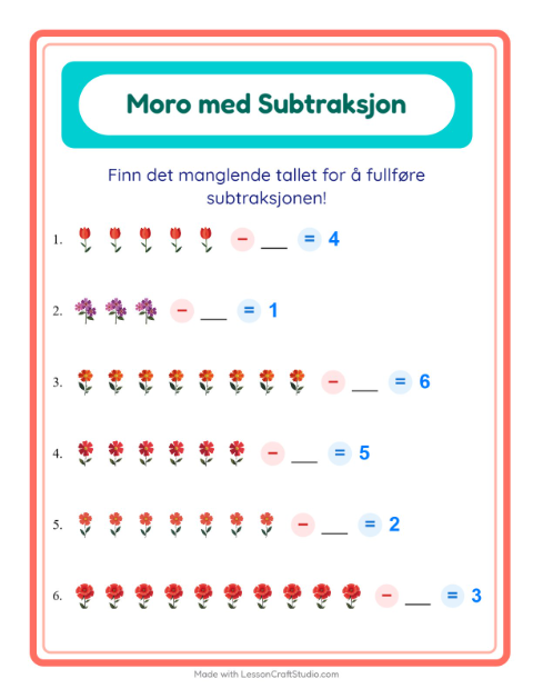 Forhåndsvisning av Subtraksjon-arbeidsark med Blomster for Barnehage (5-7 år)