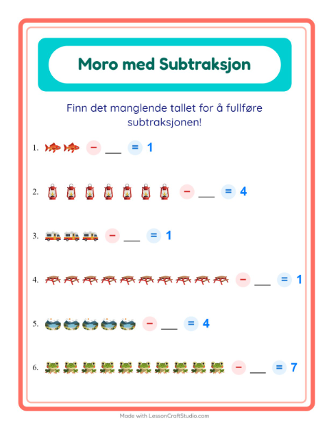 Forhåndsvisning av Subtraksjon-arbeidsark med Camping for Barnehage (5-7 år)