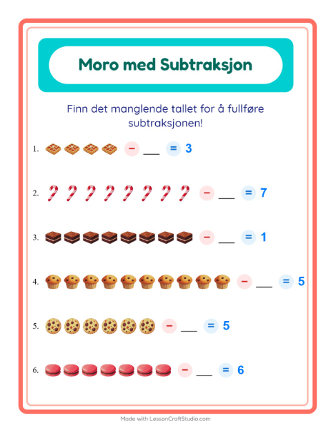 Forhåndsvisning av Subtraksjon-arbeidsark med Desserter og godteri for Barnehage (5-7 år)