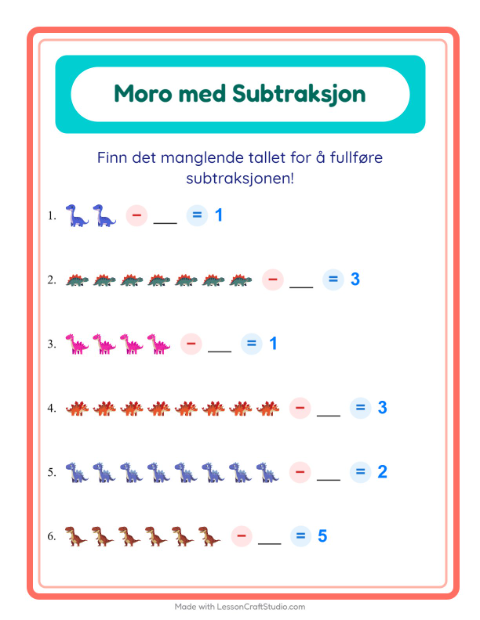 Forhåndsvisning av Subtraksjon-arbeidsark med Dinosaurer for Barnehage (5-7 år)