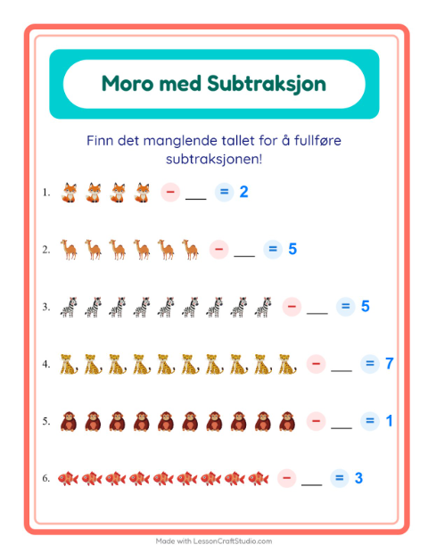 Forhåndsvisning av Subtraksjon-arbeidsark med Dyr for Barnehage (5-7 år)