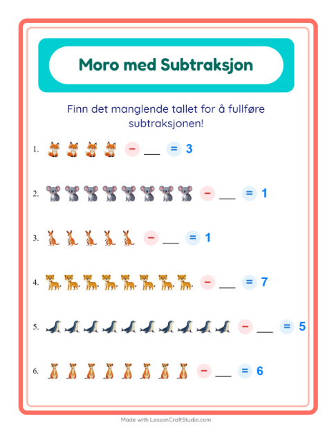 Forhåndsvisning av Subtraksjon-arbeidsark med Dyrehagedyr for Barnehage (5-7 år)
