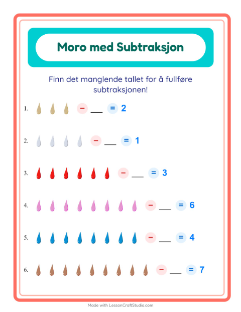 Forhåndsvisning av Subtraksjon-arbeidsark med Farger for Barnehage (5-7 år)