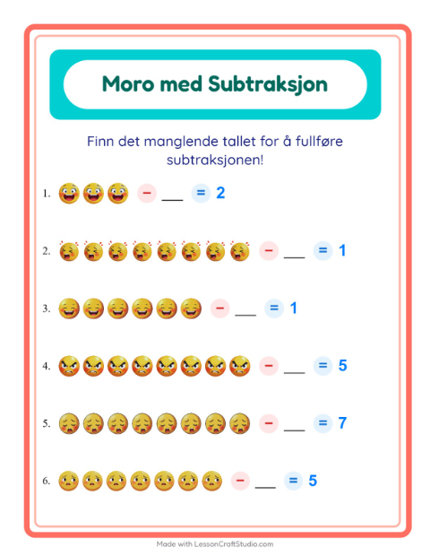 Forhåndsvisning av Subtraksjon-arbeidsark med Følelser for Barnehage (5-7 år)