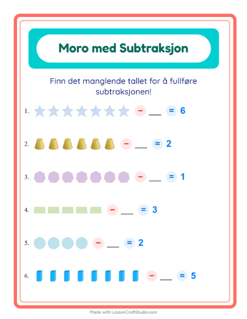Forhåndsvisning av Subtraksjon-arbeidsark med Former for Barnehage (5-7 år)
