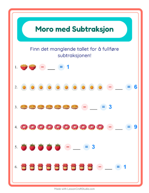 Forhåndsvisning av Subtraksjon-arbeidsark med Frokost for Barnehage (5-7 år)