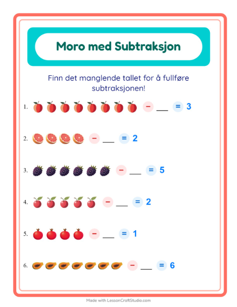 Forhåndsvisning av Subtraksjon-arbeidsark med Frukter for Barnehage (5-7 år)