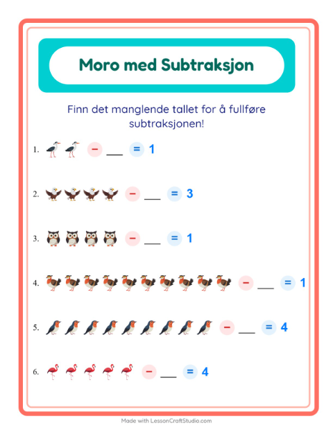 Forhåndsvisning av Subtraksjon-arbeidsark med Fugler 2 for Barnehage (5-7 år)