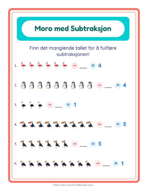 Forhåndsvisning av Subtraksjon-arbeidsark med Fugler for Barnehage (5-7 år)