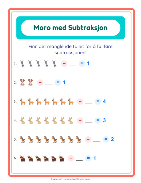 Forhåndsvisning av Subtraksjon-arbeidsark med Gårdsdyr for Barnehage (5-7 år)