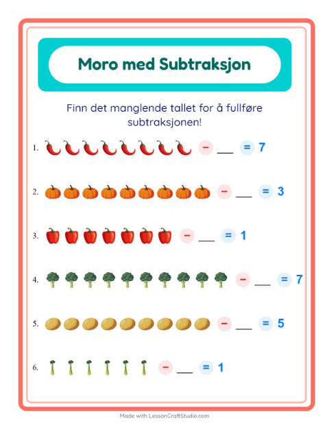 Forhåndsvisning av Subtraksjon-arbeidsark med Grønnsaker for Barnehage (5-7 år)