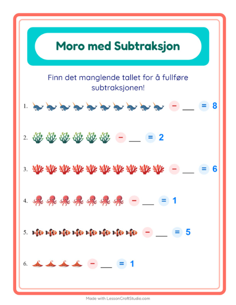 Forhåndsvisning av Subtraksjon-arbeidsark med Havliv for Barnehage (5-7 år)