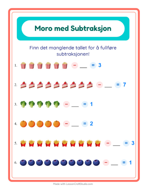 Forhåndsvisning av Subtraksjon-arbeidsark med I supermarkedet for Barnehage (5-7 år)