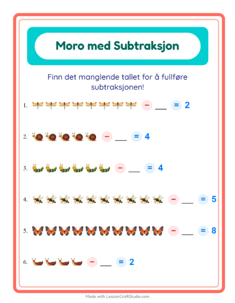 Forhåndsvisning av Subtraksjon-arbeidsark med Insekter og kryp for Barnehage (5-7 år)