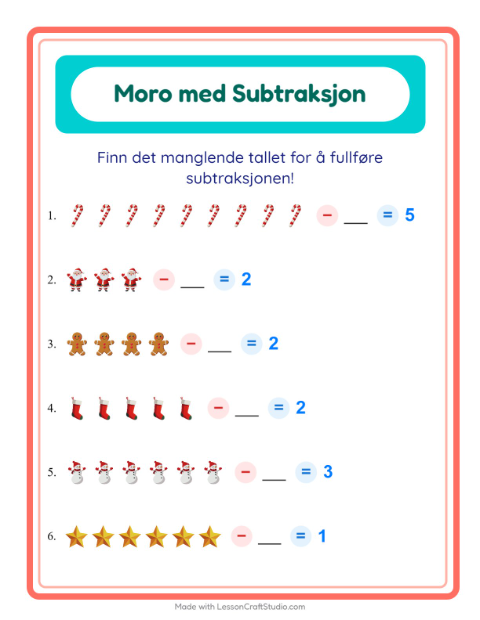 Forhåndsvisning av Subtraksjon-arbeidsark med Jul for Barnehage (5-7 år)
