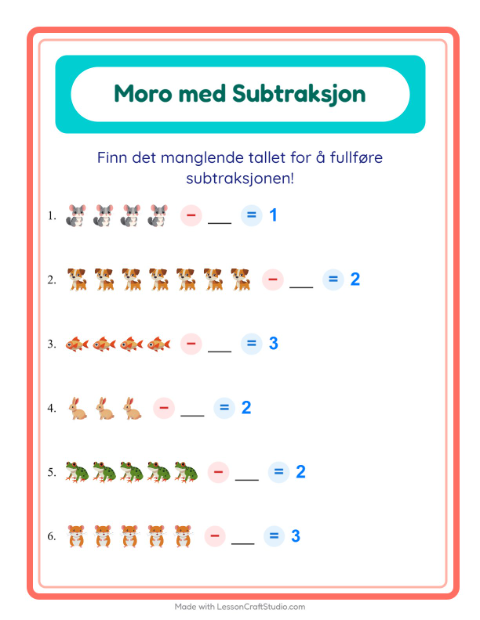 Forhåndsvisning av Subtraksjon-arbeidsark med Kjæledyr for Barnehage (5-7 år)