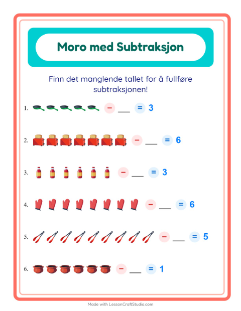 Forhåndsvisning av Subtraksjon-arbeidsark med Kjøkkenredskaper for Barnehage (5-7 år)