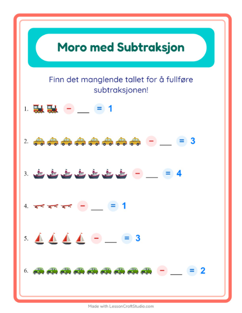 Forhåndsvisning av Subtraksjon-arbeidsark med Kjøretøy for Barnehage (5-7 år)