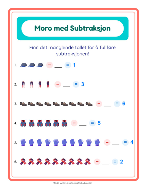 Forhåndsvisning av Subtraksjon-arbeidsark med Klær for Barnehage (5-7 år)