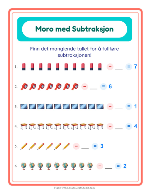 Forhåndsvisning av Subtraksjon-arbeidsark med Klasserom for Barnehage (5-7 år)
